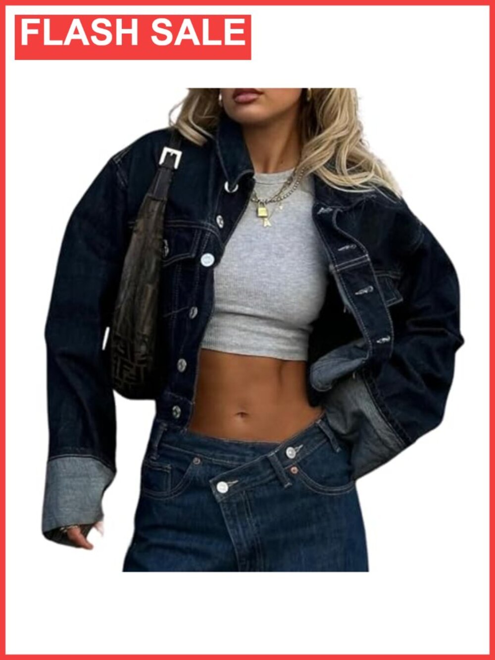 Cropped Button Up Denim Jacket Long Sleeve Turn-Up Cuff Fitted Jean Jacket
